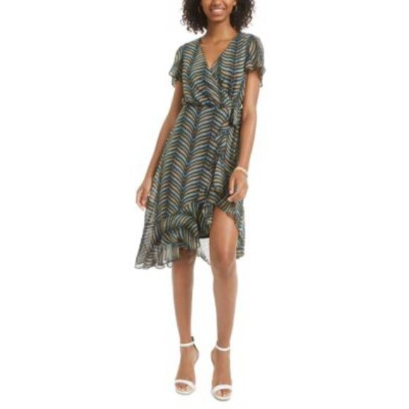 NWT City Studio Size 15 Multicolor Chevron Wrap Dress Ruffle Hem V-Neck - Picture 1 of 16